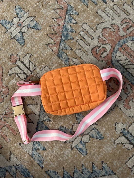 Kirklands Handbags - Kirklands Orange Quilted Crossbody Bag with Pink & White Strap